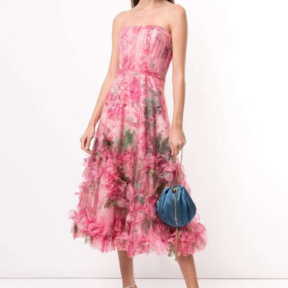 Marchesa Dresses & Skirts - Marchesa Notte Pink Floral Strapless Ruffled Gown Size 6 $900 Barbie core NWT